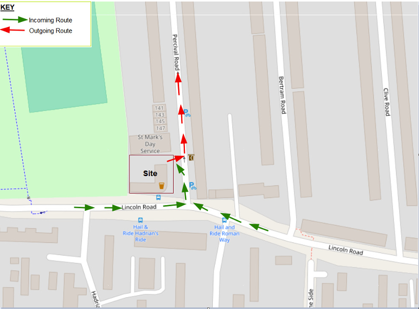 Construction traffic route map for the Lincoln Pub redevelopment via Lincoln Road and Percival Road