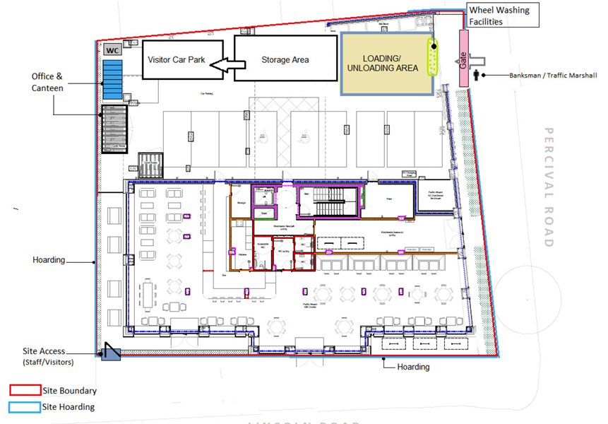 Ground-floor site layout for the Lincoln Pub redevelopment showing the visitor car park and loading area